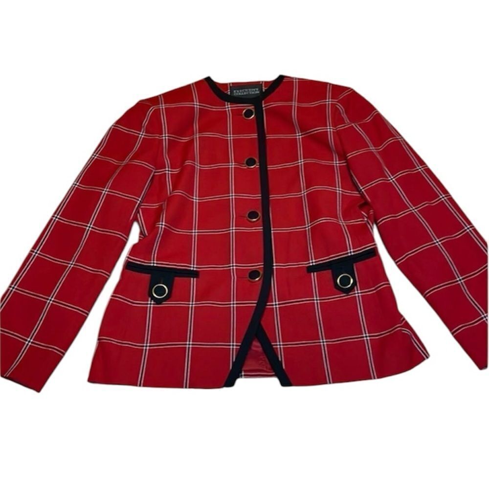 Executive Collection Red Plaid Blazer, black trim, 10
